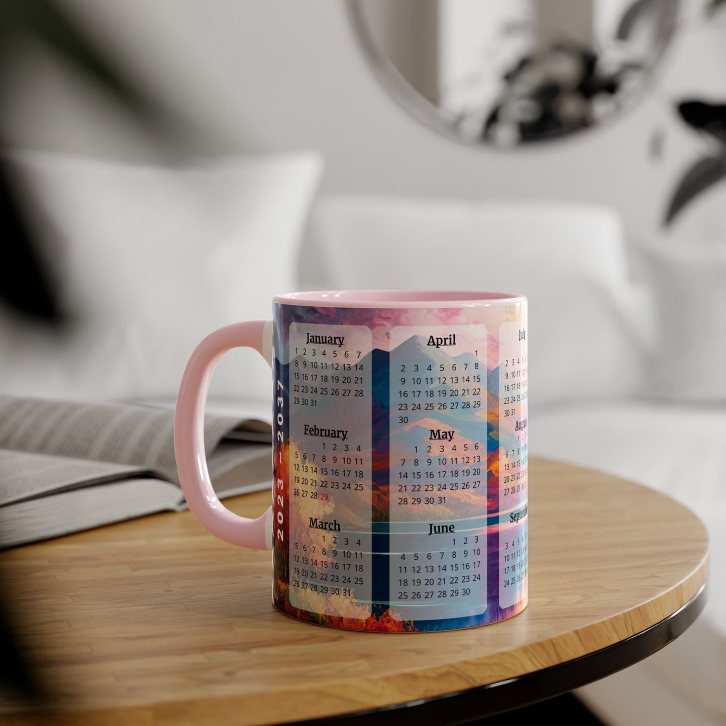 Autumn Lake · Calendar Mugs: 15-Year Calendar 2023 to 2037 | Accent Mug (Small) (Blue/Pink/Red/Yellow).