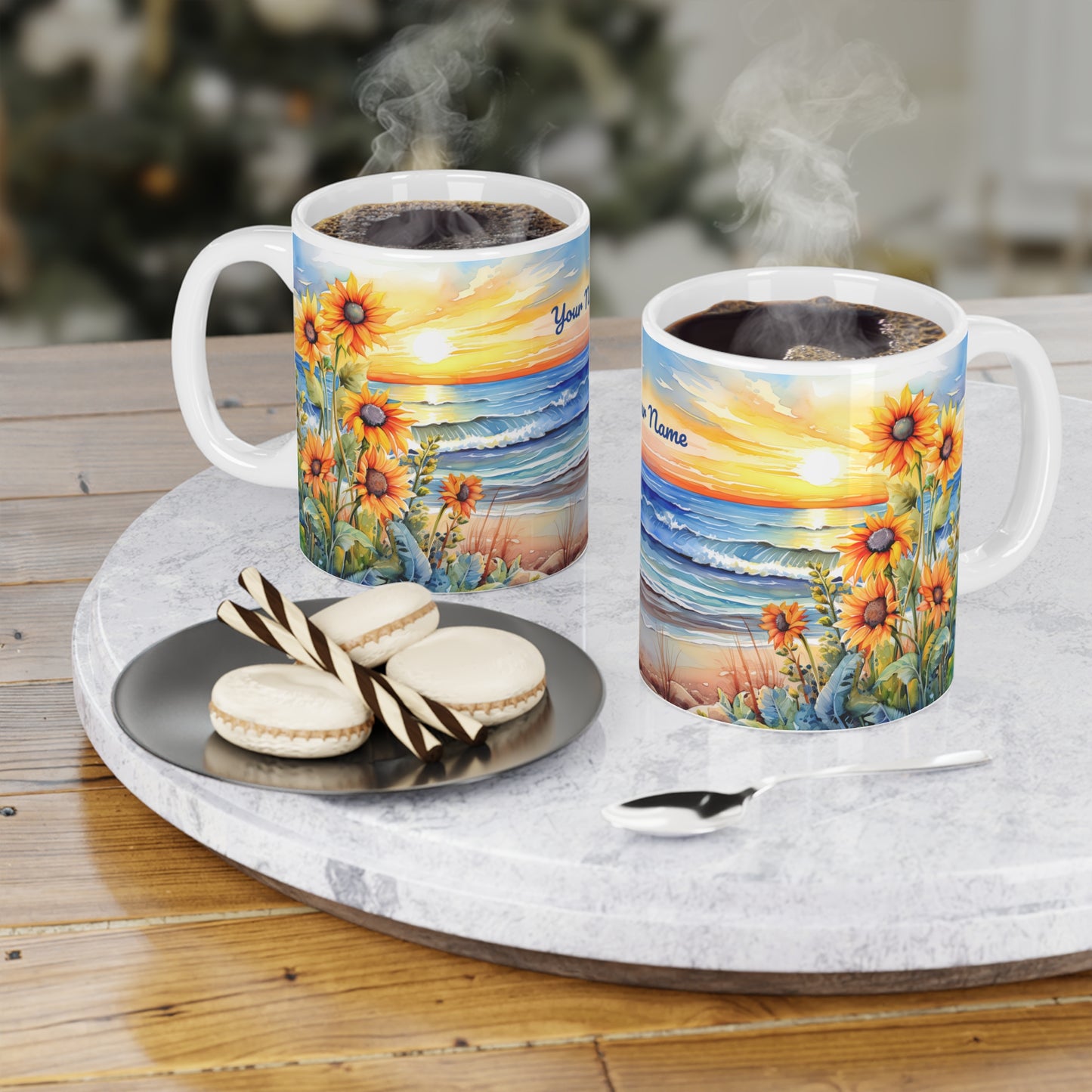 Sunset Beach Sunflowers Paradise: Personalize It! Your Name, Font and Color | Ceramic Mug (Small/Medium/Large) 🇨🇦🇺🇸