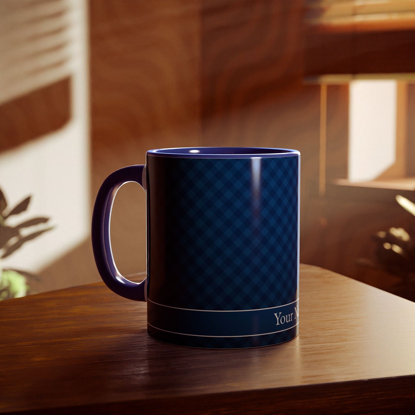 Navy Blue Diagonal Plaid · Personalize It! Your Name | Accent Mug (Small) (Blue).