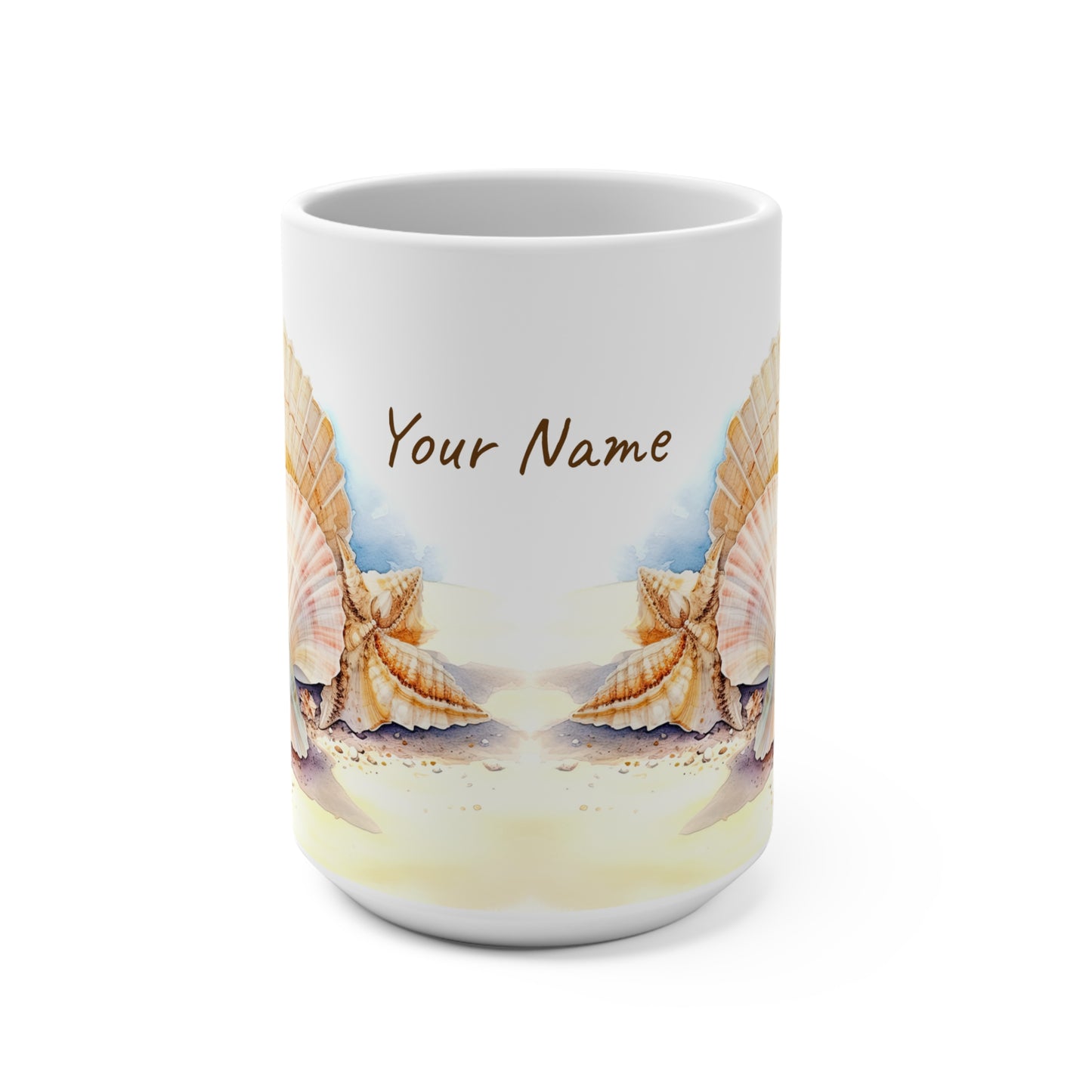 Serene Seashells Watercolor Art: Personalize It! Your Name, Font and Color | Ceramic Mug (Medium) 🇺🇸