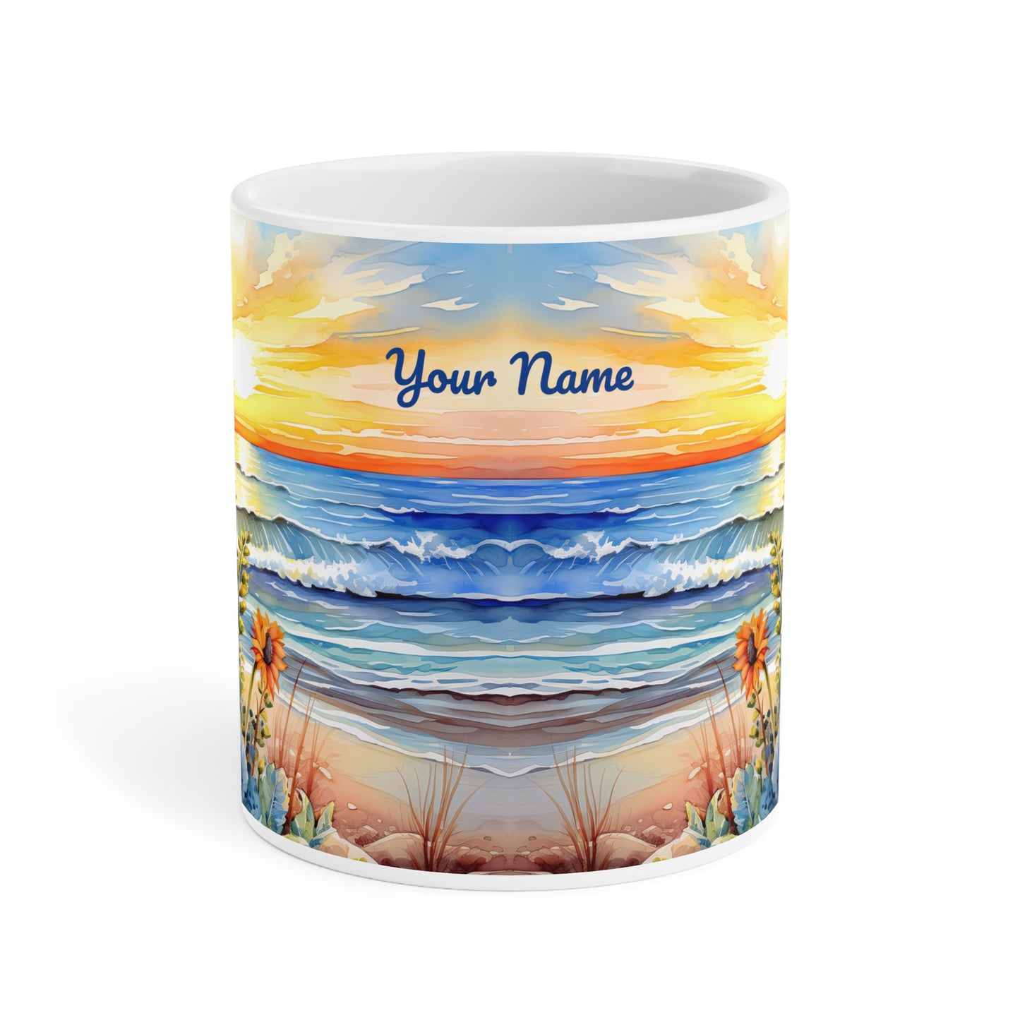 Sunset Beach Sunflowers Paradise · Personalize It! Your Name, Font and Color | Ceramic Mug (Small/Medium/Large).