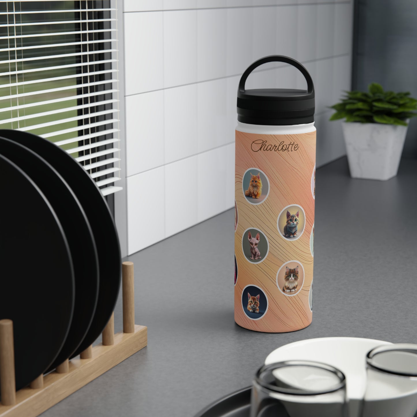 Catmosphere en Pêche: Personalize It! Your Name | Stainless Steel Water Bottle Handle Lid (Medium)