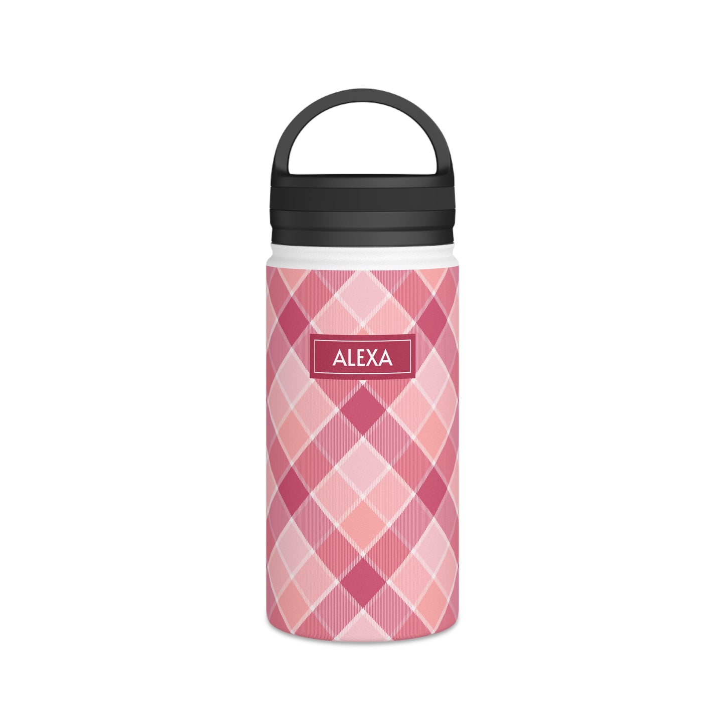 Pink Check No 5 Diagonal Plaid, Personalize It! Your Name, Stainless Steel Water Bottle Handle Lid (Small/Medium)