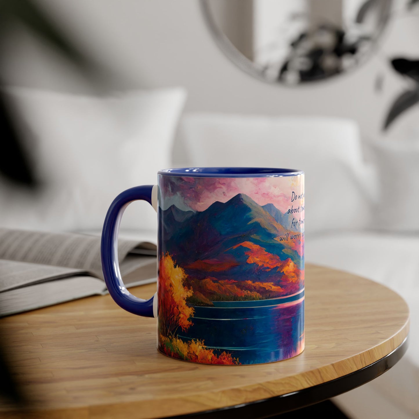 Autumn Lake · Customize It! Your Text or Quote | Accent Mug (Small) (Blue/Pink/Red/Yellow).