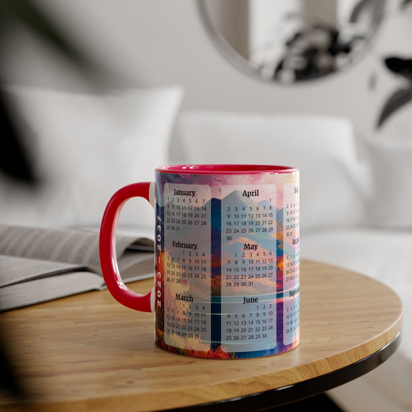 Autumn Lake · Calendar Mugs: 15-Year Calendar 2023 to 2037 | Accent Mug (Small) (Blue/Pink/Red/Yellow).