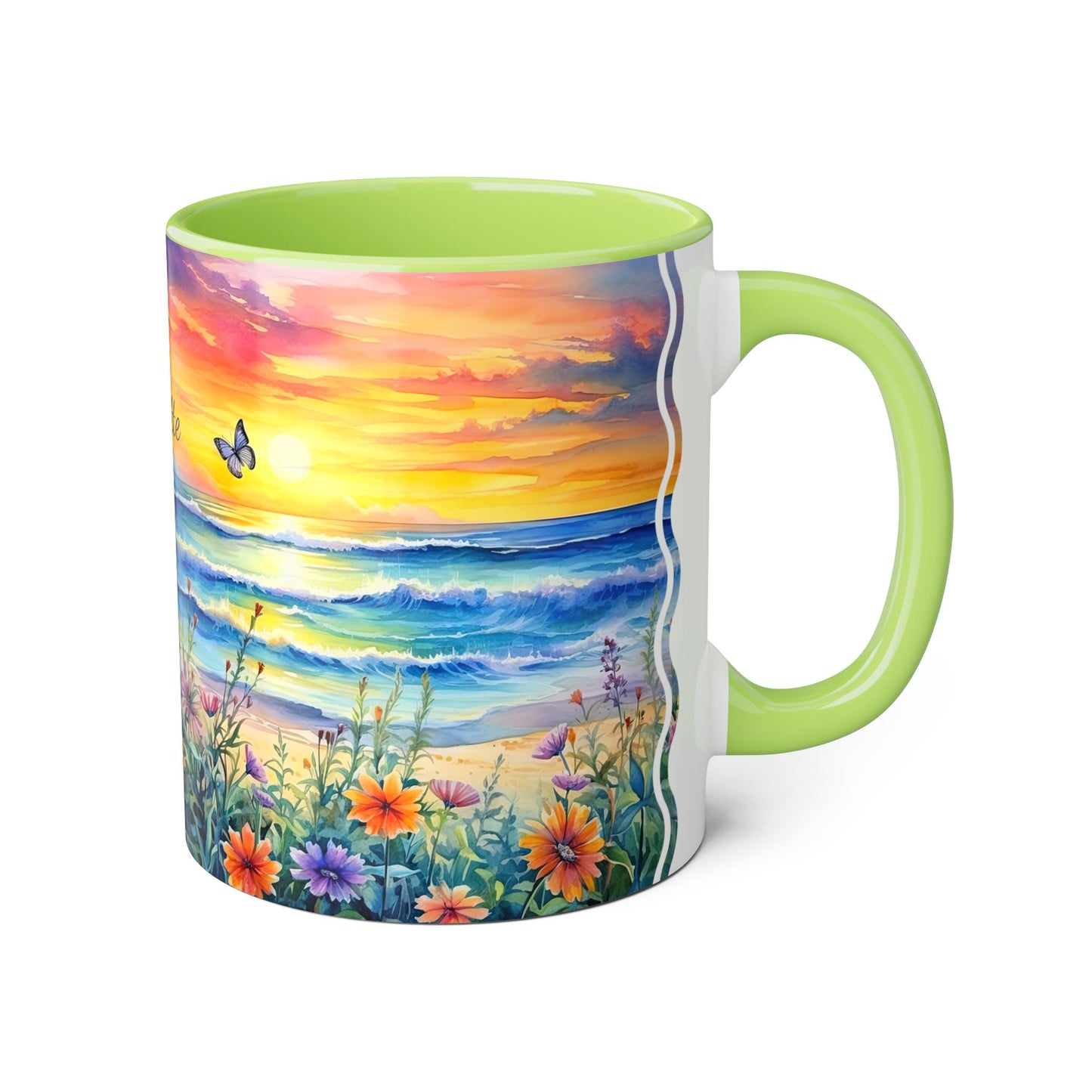 Beach Sunset and Butterflies: Personalize It! Your Name Your Font | Accent Mug (Small) (Blue/Light Green/Pink/Red/Yellow)