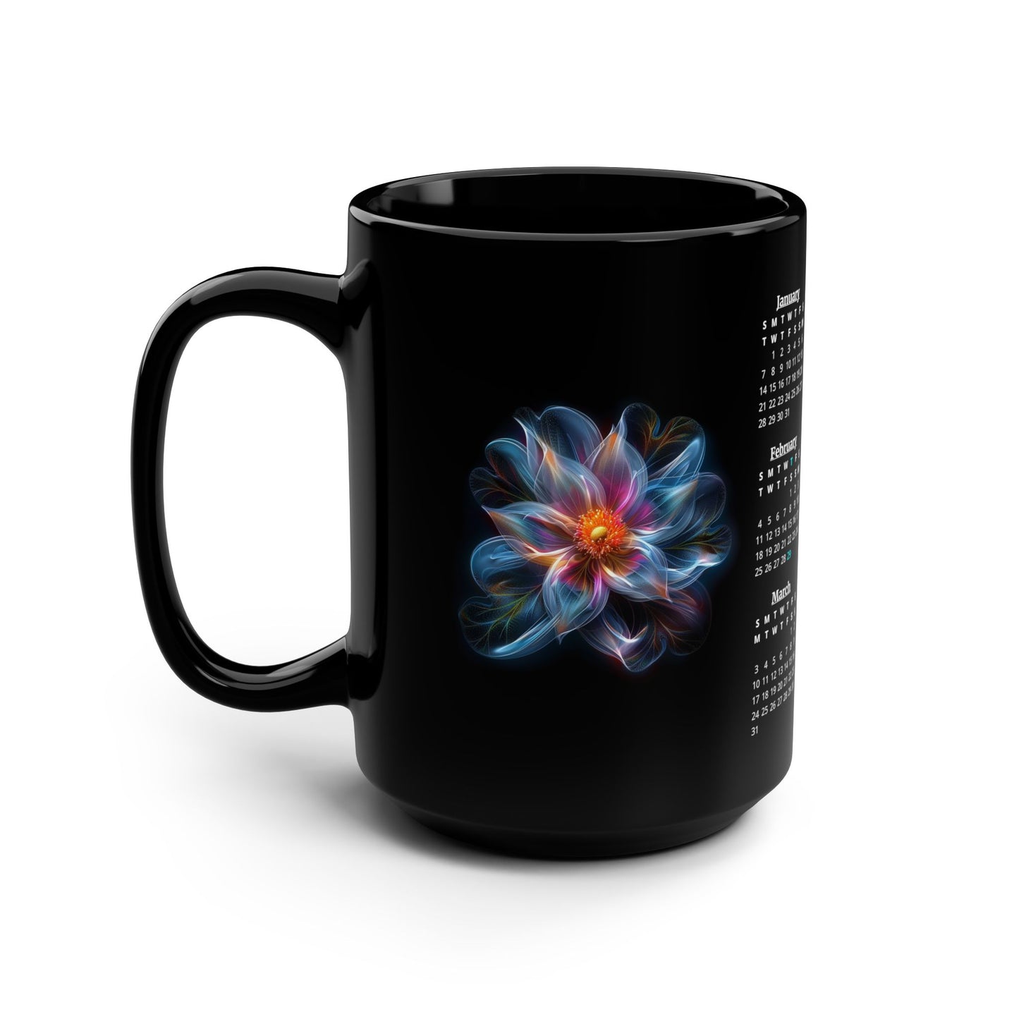 Temps Noir, 2 Year Calendar 2024 to 2025 White on Black, Black Mug (Medium)