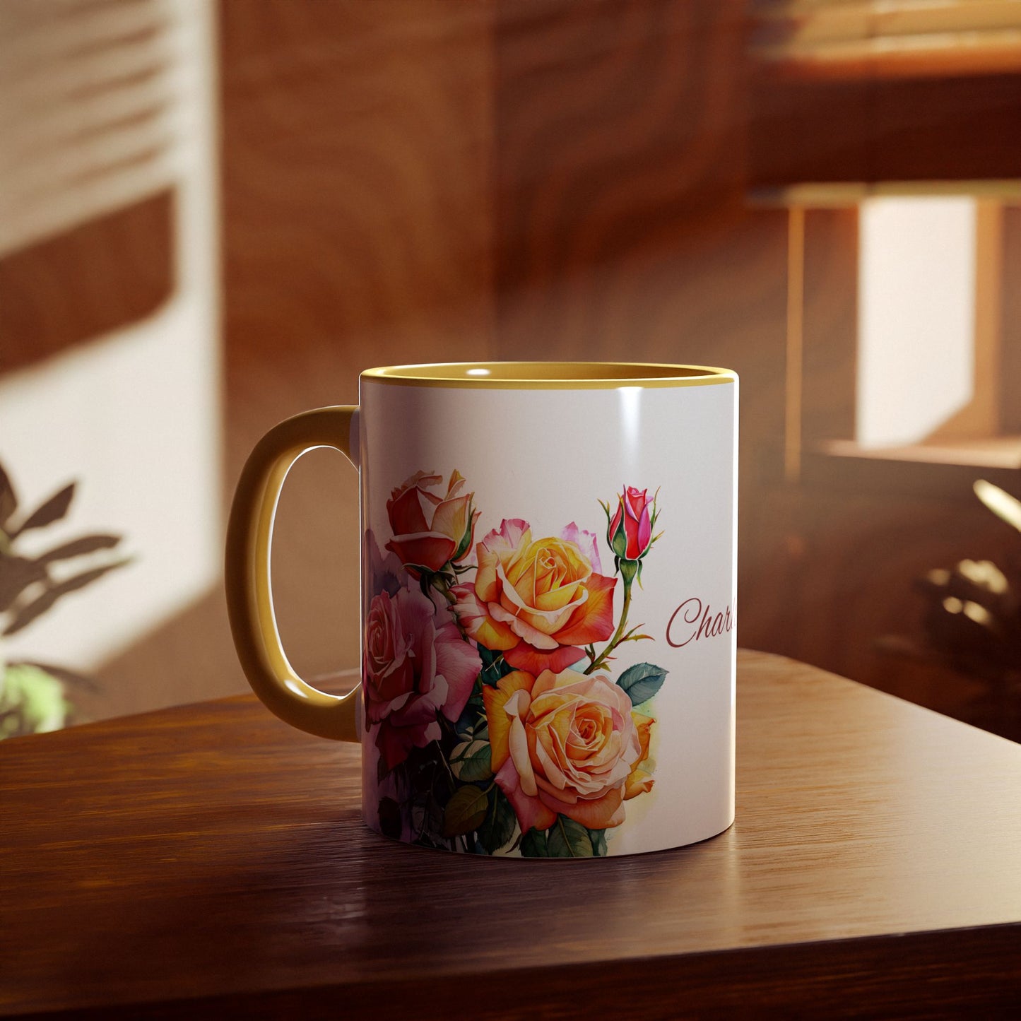 Roses Pink and Yellow · Personalize It! Your Name, Font and Color | Accent Mug (Small) (Light Green/Pink/Red/Yellow).