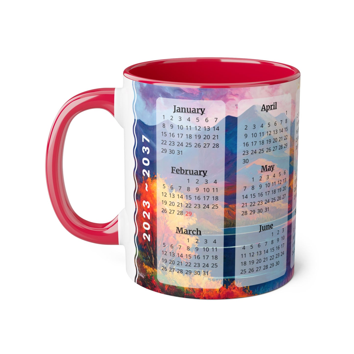 Autumn Lake · Calendar Mugs: 15-Year Calendar 2023 to 2037 | Accent Mug (Small) (Blue/Pink/Red/Yellow).