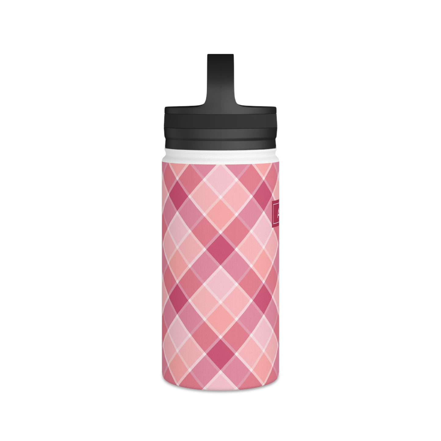 Pink Check No 5 Diagonal Plaid, Personalize It! Your Name, Stainless Steel Water Bottle Handle Lid (Small/Medium)