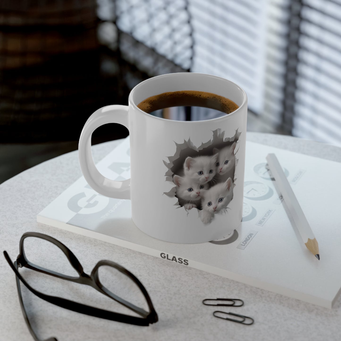 White Kittens in a Mug Hole, Ceramic Mug (Large)