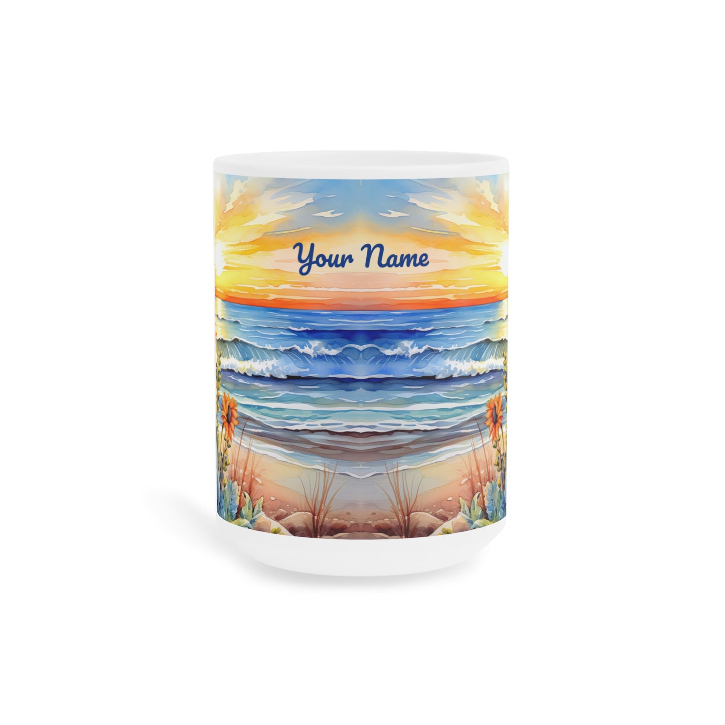 Sunset Beach Sunflowers Paradise: Personalize It! Your Name, Font and Color | Ceramic Mug (Small/Medium/Large) 🇨🇦🇺🇸