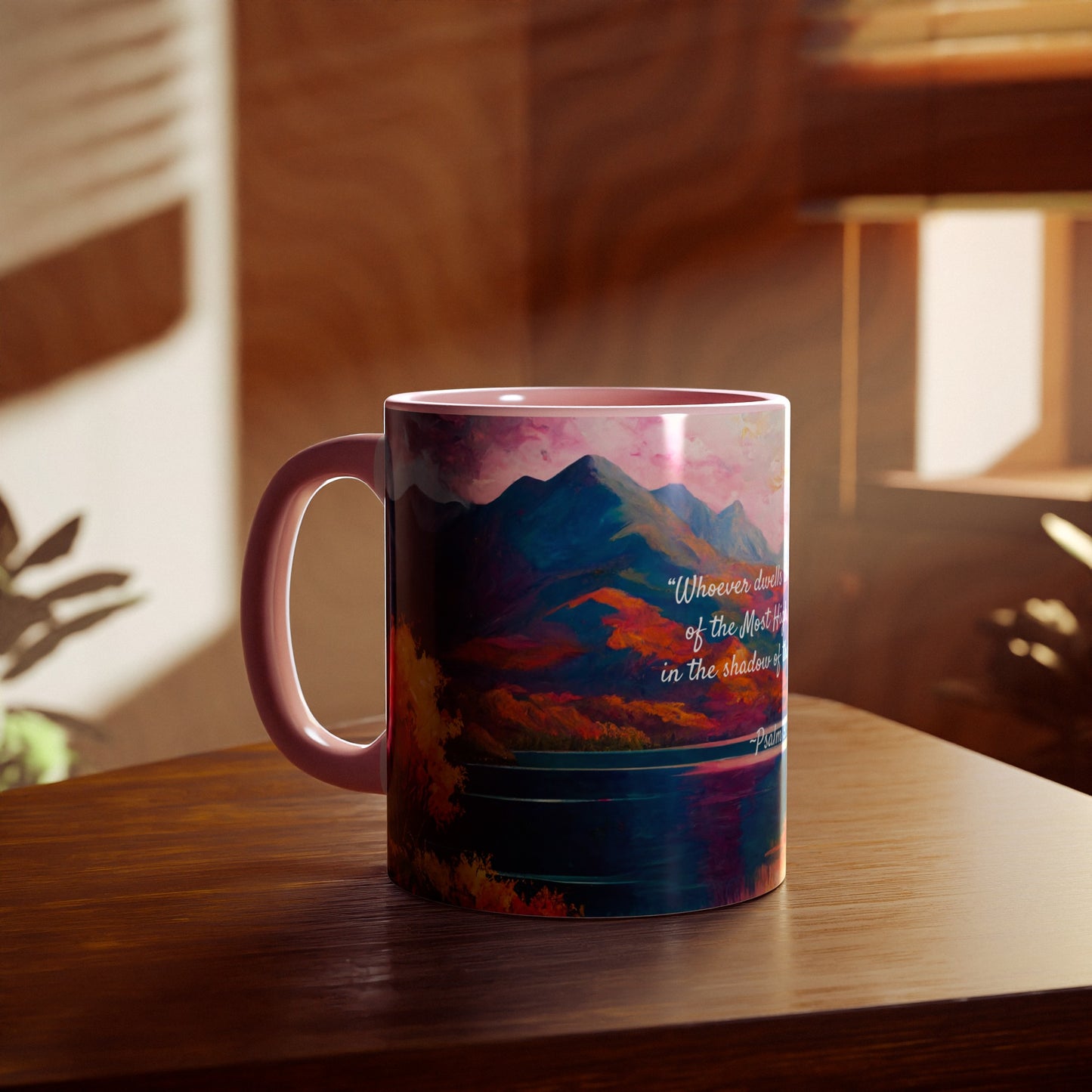 Autumn Lake, Psalm 91, Accent Mug (Small) (Blue/Pink/Red/Yellow)