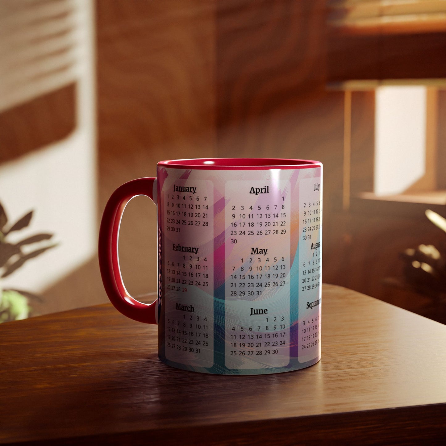 Palette of Pinks and Pastels · Calendar Mugs: 15-Year Calendar: 2023 to 2037 | Accent Mug (Small) (Pink/Red/Yellow).