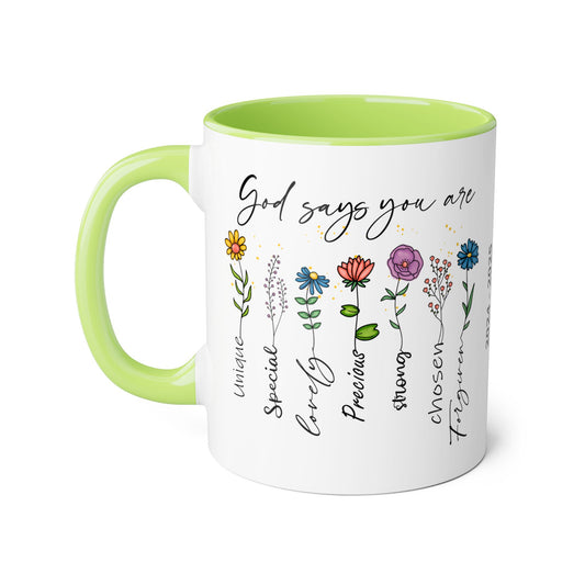 God Says You Are Flowers · Calendar Mugs: 2-Year Calendar 2024 to 2025 | Accent Mug (Small) (Black/Blue/Light Green/Pink/Red/Yellow).