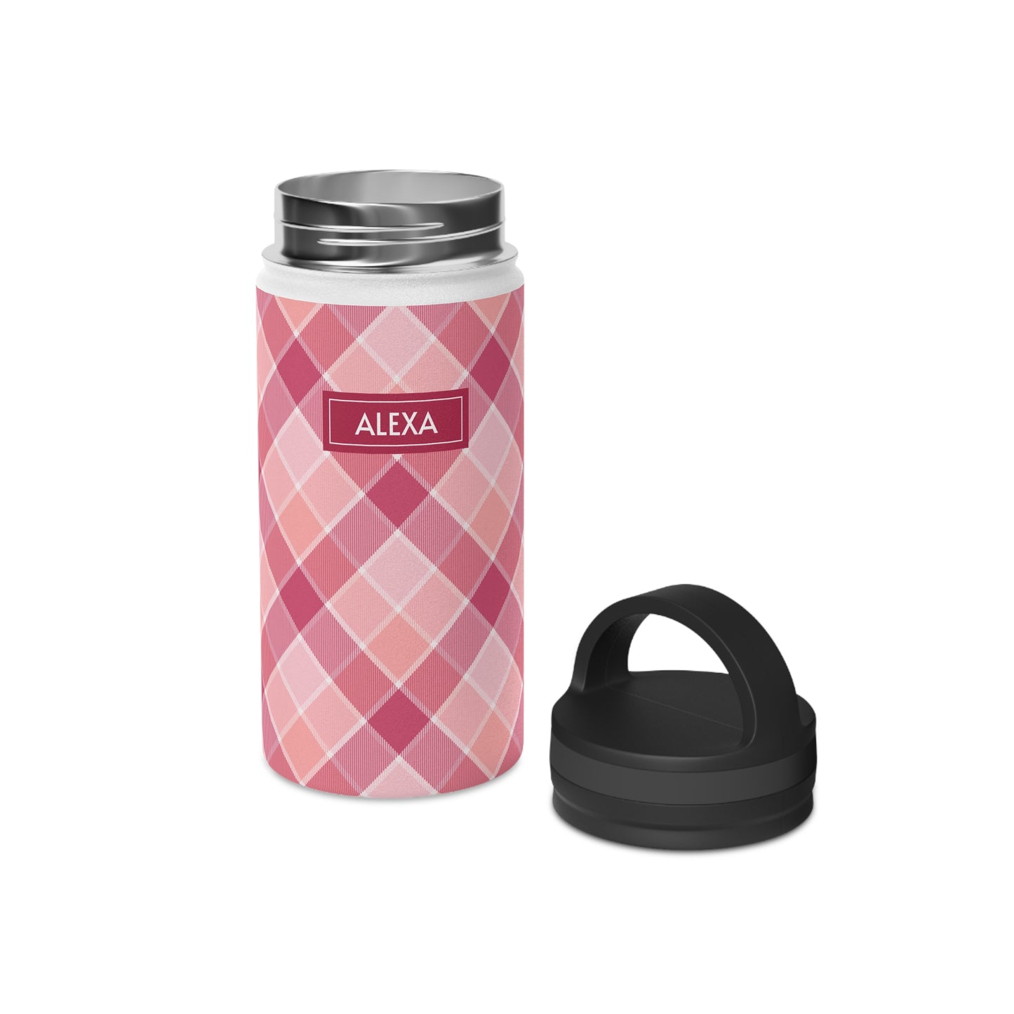 Pink Check No 5 Diagonal Plaid, Personalize It! Your Name, Stainless Steel Water Bottle Handle Lid (Small/Medium)