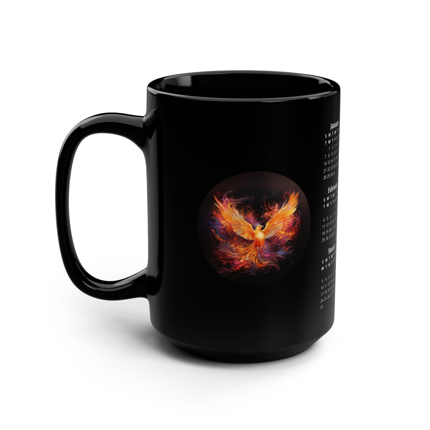 Merlin's Phoenix in Flight, 2 Year Calendar 2024 to 2025, Black Mug (Medium)