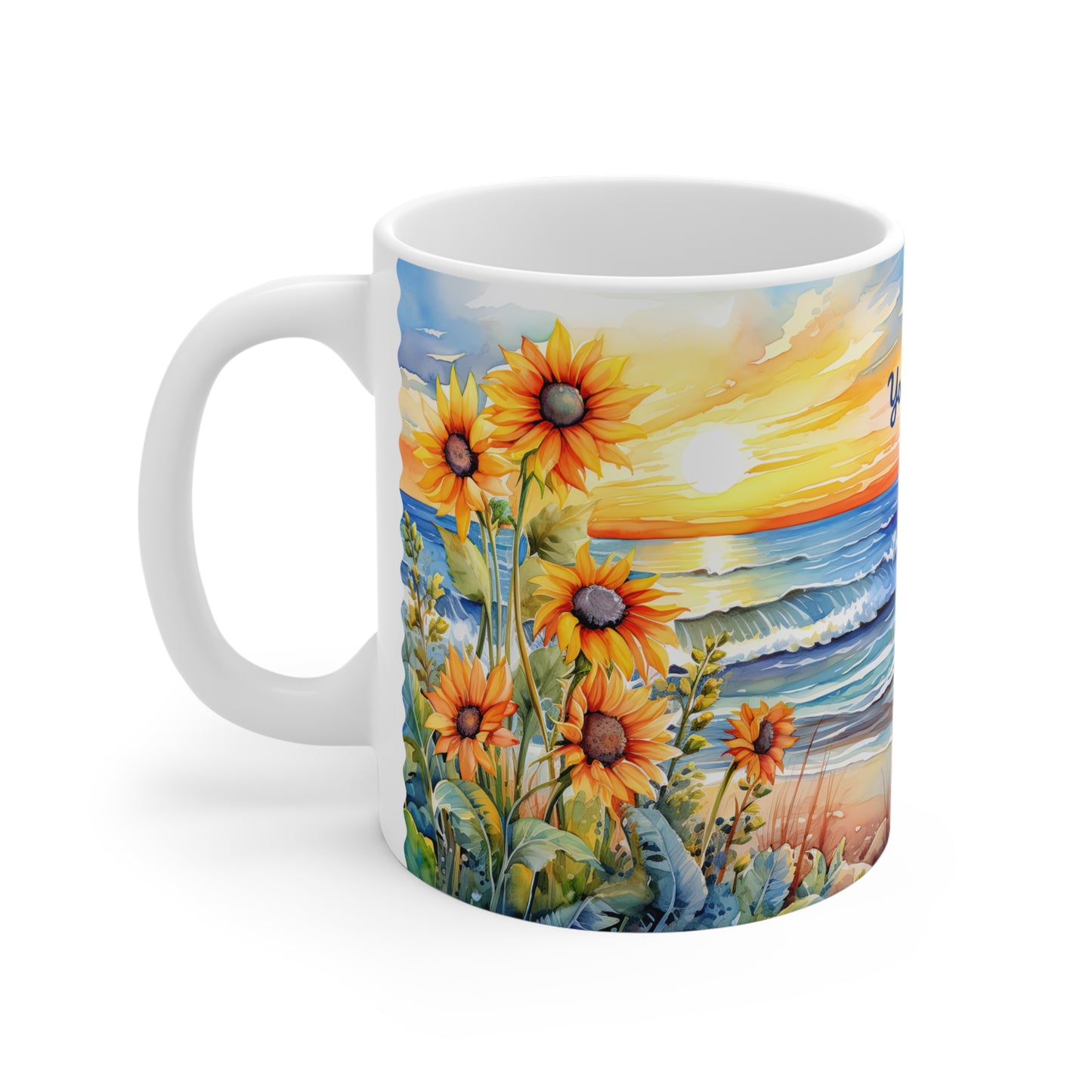 Sunset Beach Sunflowers Paradise: Personalize It! Your Name, Font and Color | Ceramic Mug (Small/Medium/Large) 🇨🇦🇺🇸