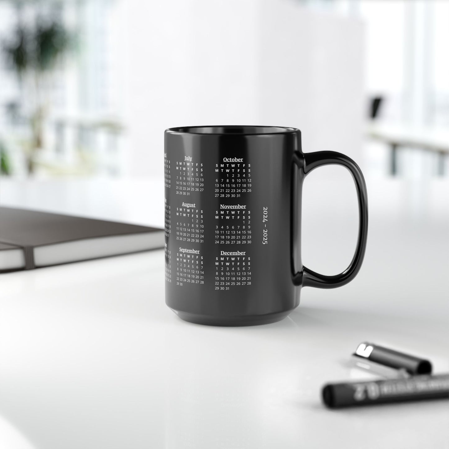 Temps Noir, 2 Year Calendar 2024 to 2025 White on Black, Black Mug (Medium)