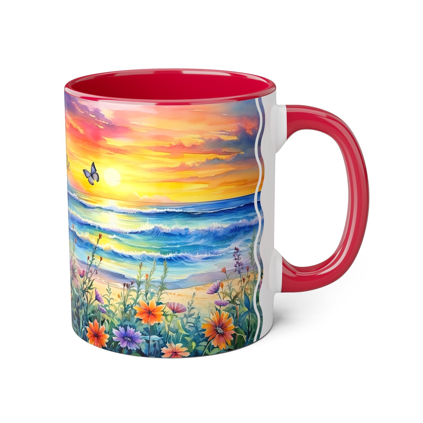 Beach Sunset and Butterflies · Personalize It! Your Name and Font | Accent Mug (Small) (Blue/Light Green/Pink/Red/Yellow).