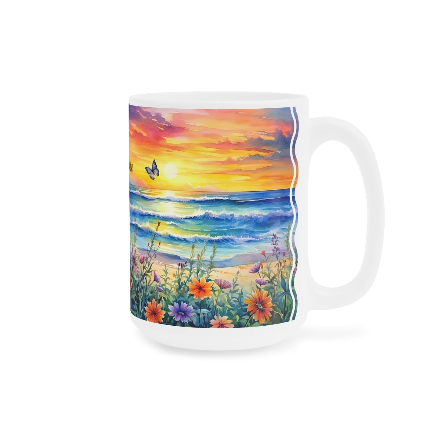 Beach Sunset and Butterflies · Personalize It! Your Name and Font | Ceramic Mug (Medium/Large).