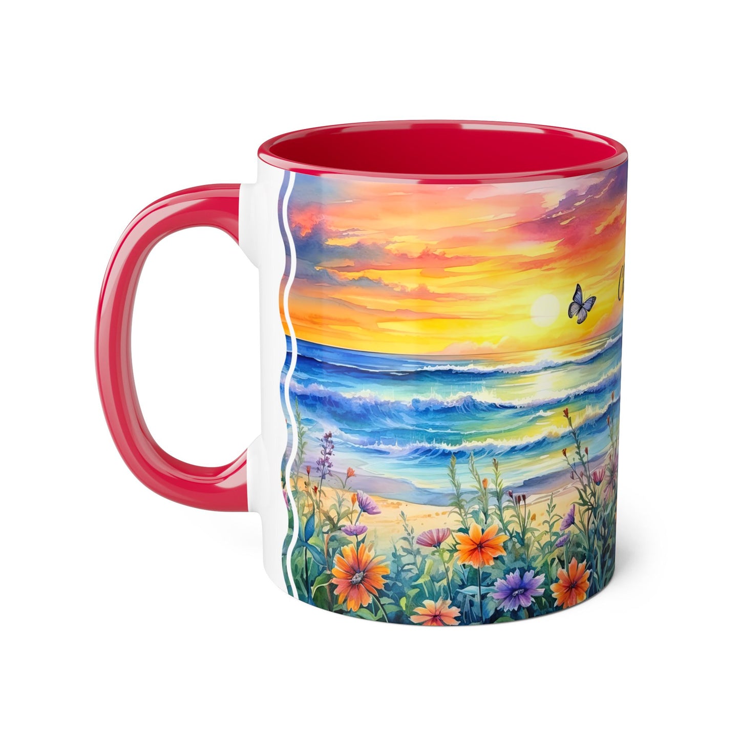 Beach Sunset and Butterflies: Personalize It! Your Name Your Font | Accent Mug (Small) (Blue/Light Green/Pink/Red/Yellow)