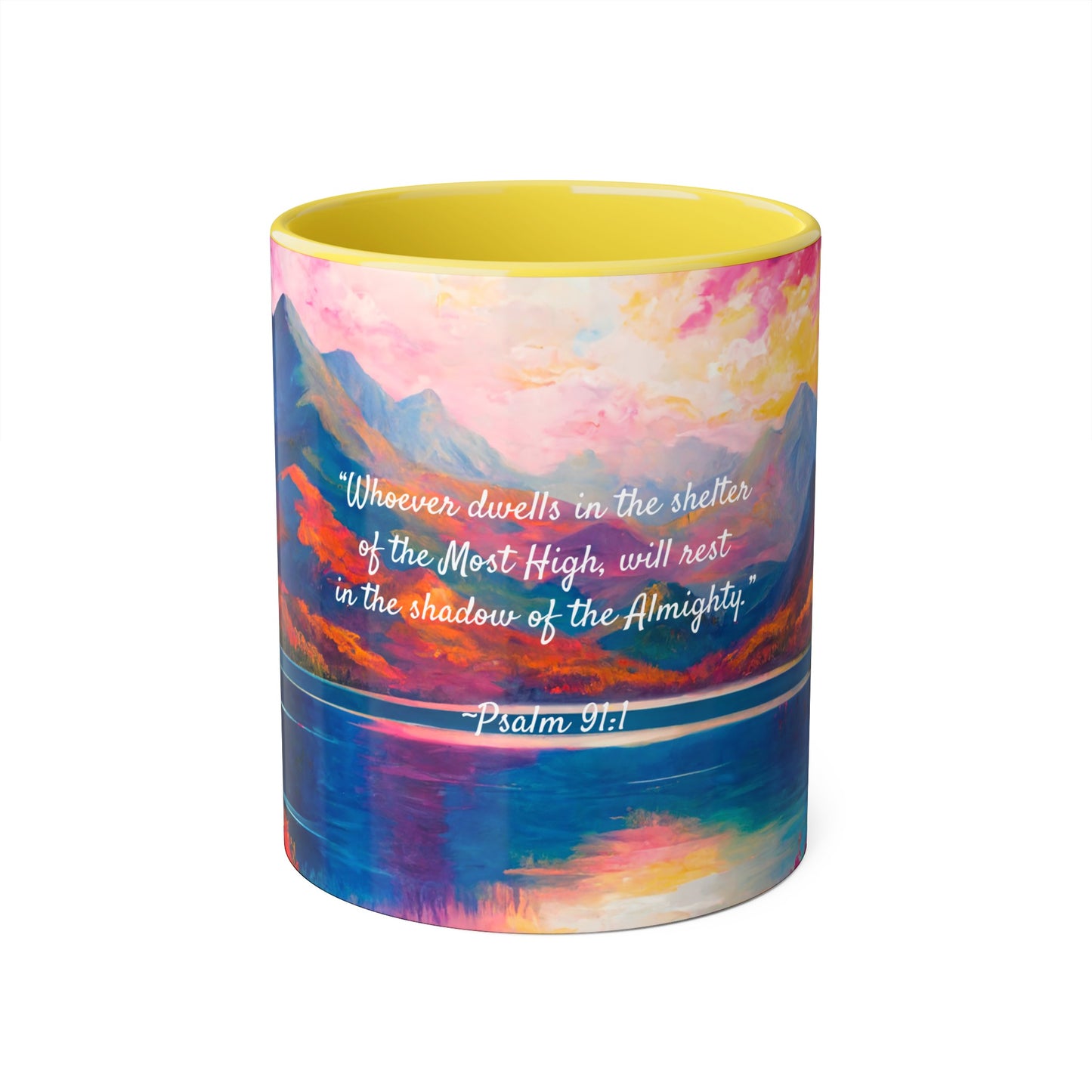 Autumn Lake, Psalm 91, Accent Mug (Small) (Blue/Pink/Red/Yellow)