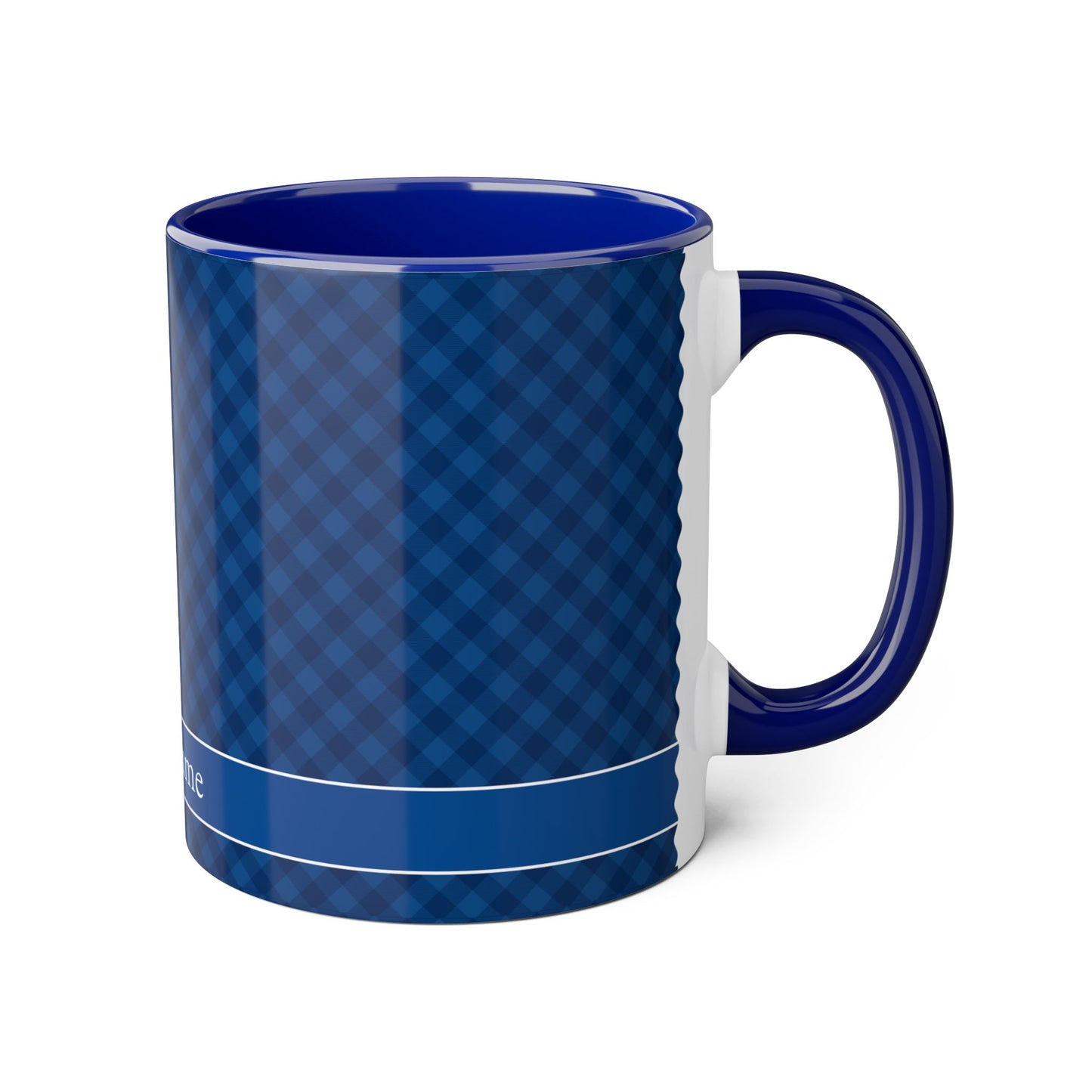 Navy Blue Diagonal Plaid · Personalize It! Your Name | Accent Mug (Small) (Blue).