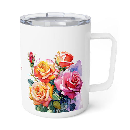 Roses Pink and Yellow: Personalize It! Your Name in Your Font Color | Insulated Coffee Mug