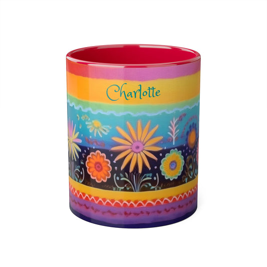 Floral Tapestry Bloom · Personalize It! Your Name, Font and Color | Accent Mug (Small) (Black/Blue/Light Green/Pink/Red/Yellow).