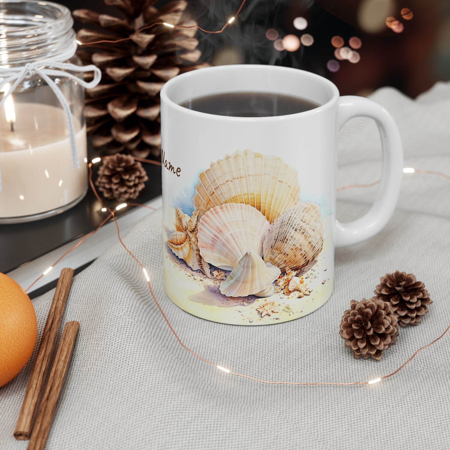 Serene Seashells Watercolor Art: Personalize It! Your Name, Font and Color | Ceramic Mug (Small)