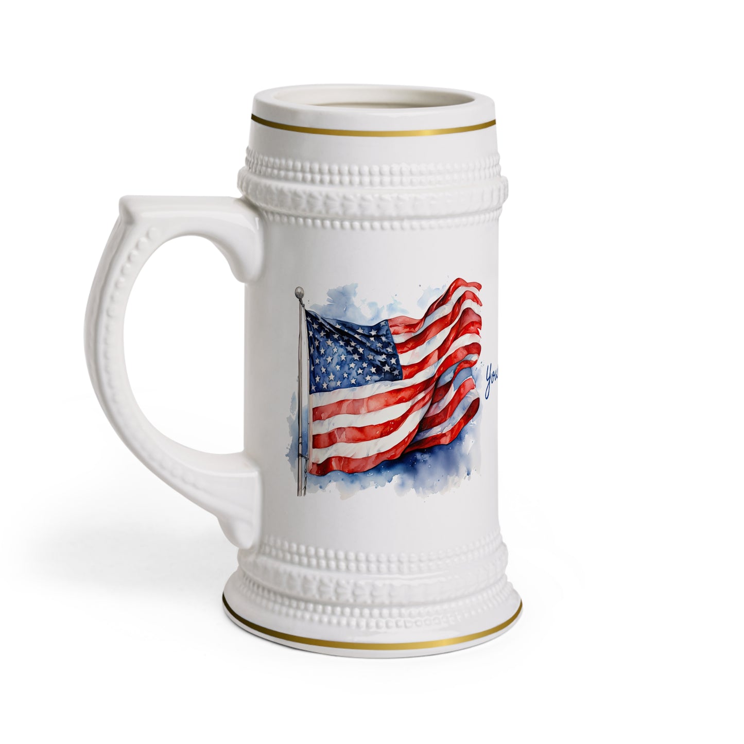 Watercolor American Flag in the Wind · Personalize It! Your Name and Font | Stein Mug.