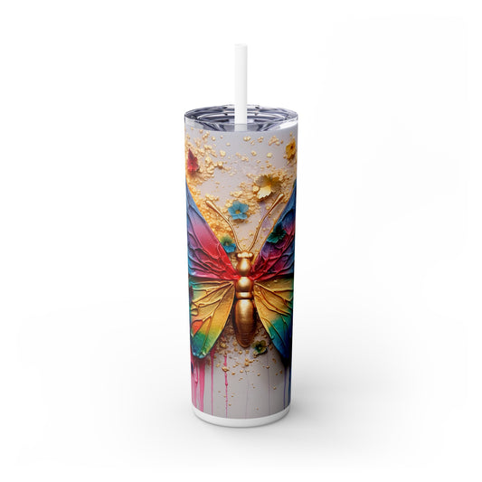 3D Butterfly in Gold and Paint, Skinny Tumbler with Straw