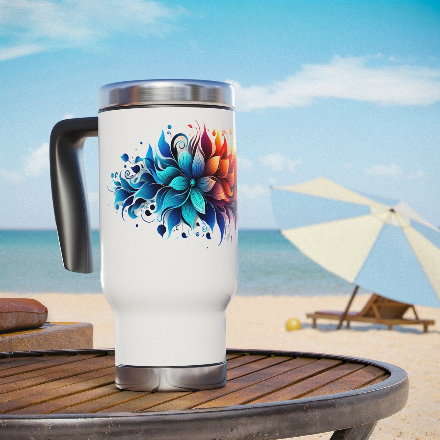 Vibrant Bloom Spectrum: Personalize It! Your Name, Your Font | Stainless Steel Travel Mug with Handle