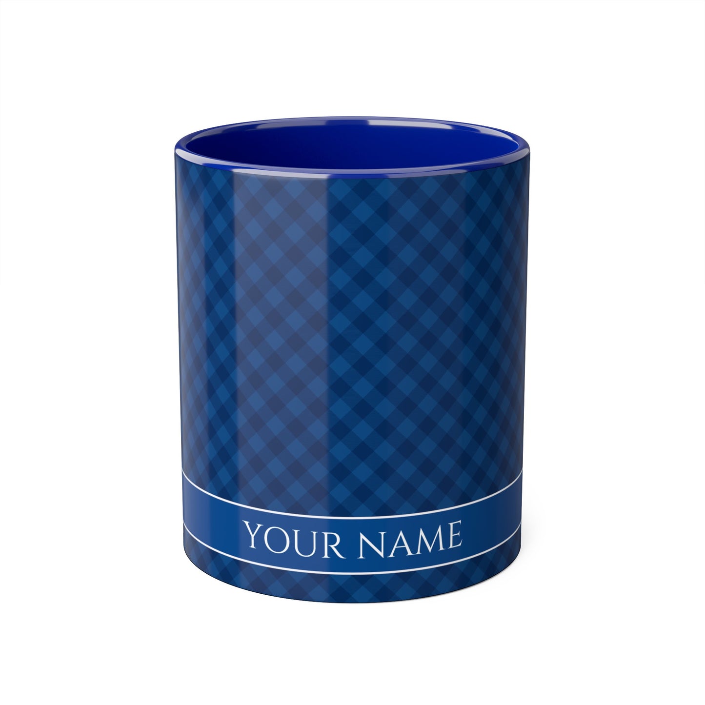 Navy Blue Diagonal Plaid, Personalize It! Your Name, Accent Mug (Small) (Blue)