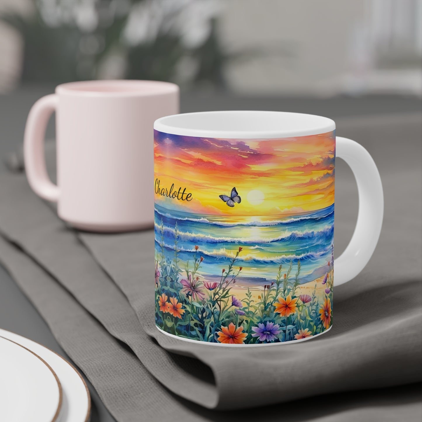 Beach Sunset and Butterflies: Personalize It! Your Name Your Font | Ceramic Mug (Large)