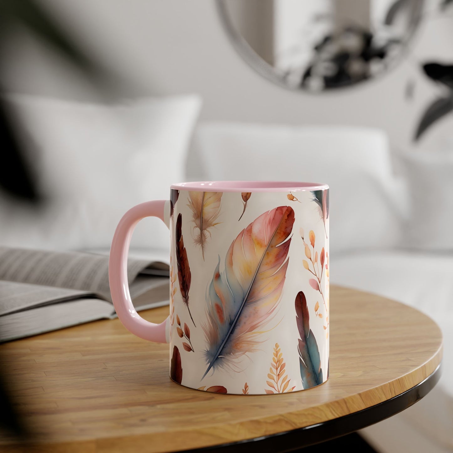 Watercolor Feathers and Foliage · Personalize It! Your Name | Accent Mug (Small) (Pink).