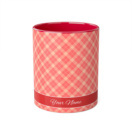 Coral Plaid Sunrise: Personalize It! Your Name, Your Font | Accent Mug (Small) (Red)