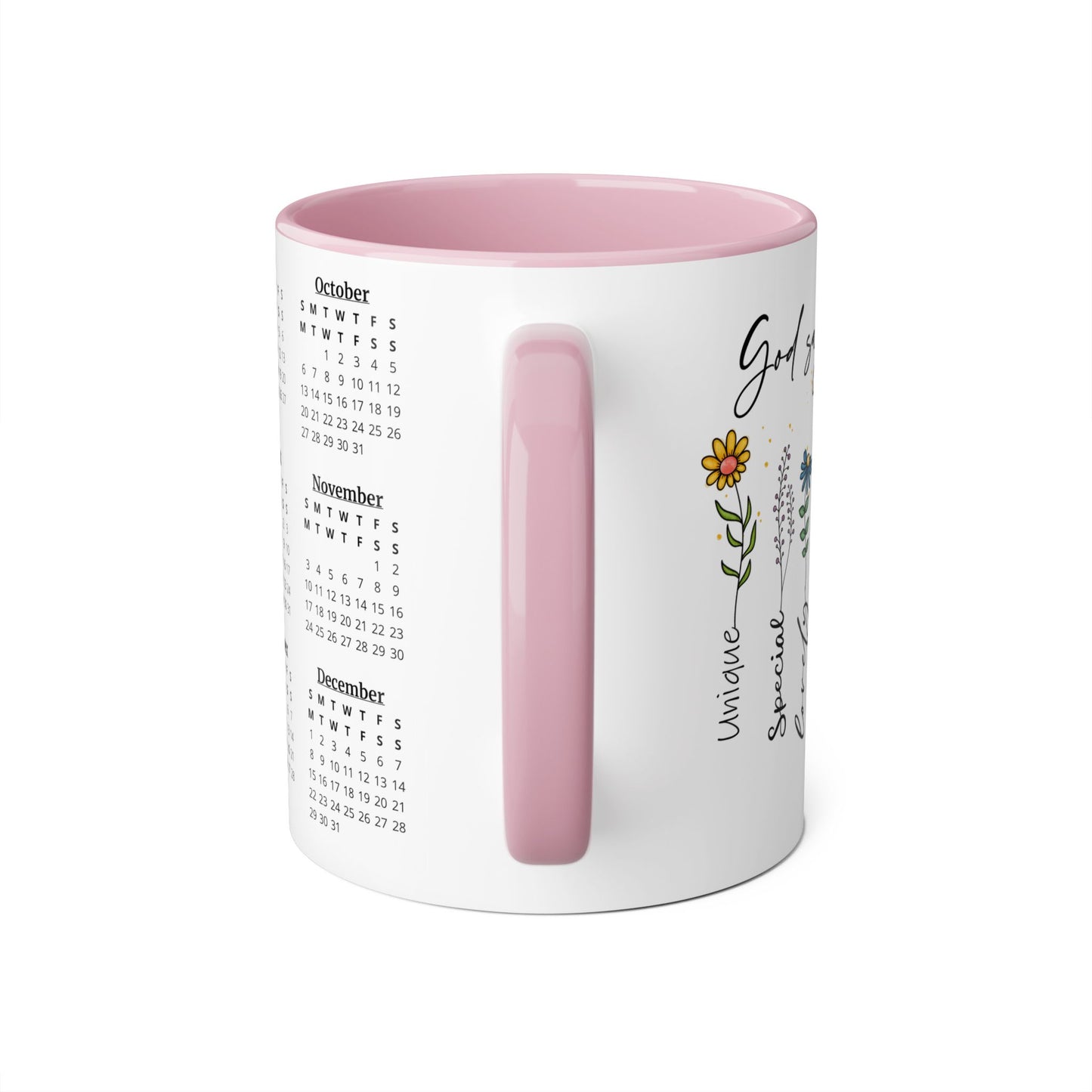 God Says You Are Flowers · Calendar Mugs: 2-Year Calendar 2024 to 2025 | Accent Mug (Small) (Black/Blue/Light Green/Pink/Red/Yellow).