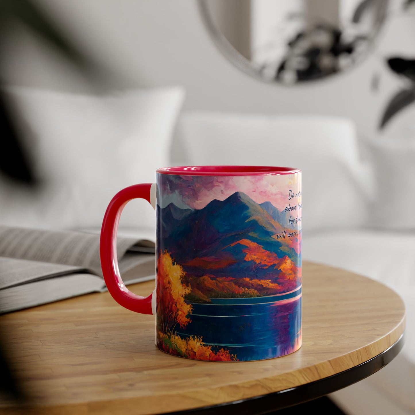 Autumn Lake · Customize It! Your Text or Quote | Accent Mug (Small) (Blue/Pink/Red/Yellow).