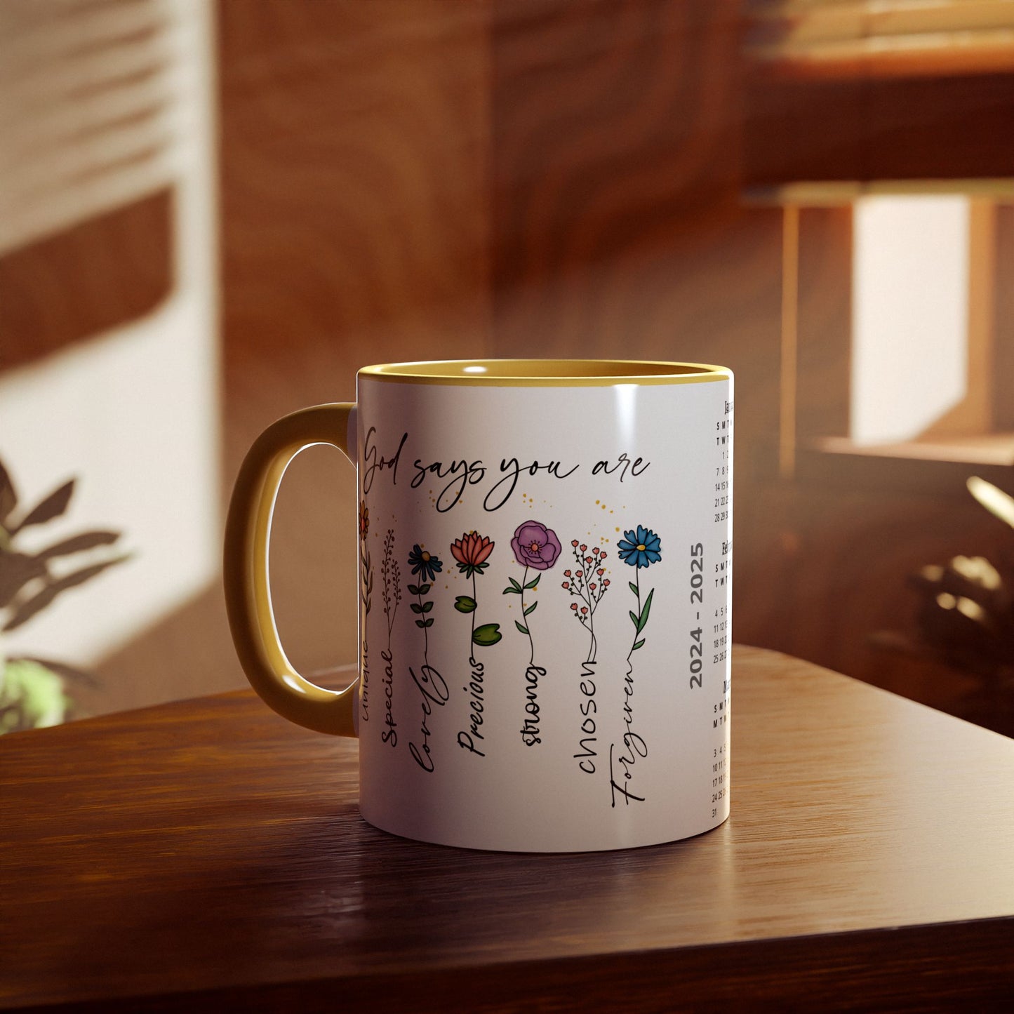 God Says You Are Flowers · Calendar Mugs: 2-Year Calendar 2024 to 2025 | Accent Mug (Small) (Black/Blue/Light Green/Pink/Red/Yellow).