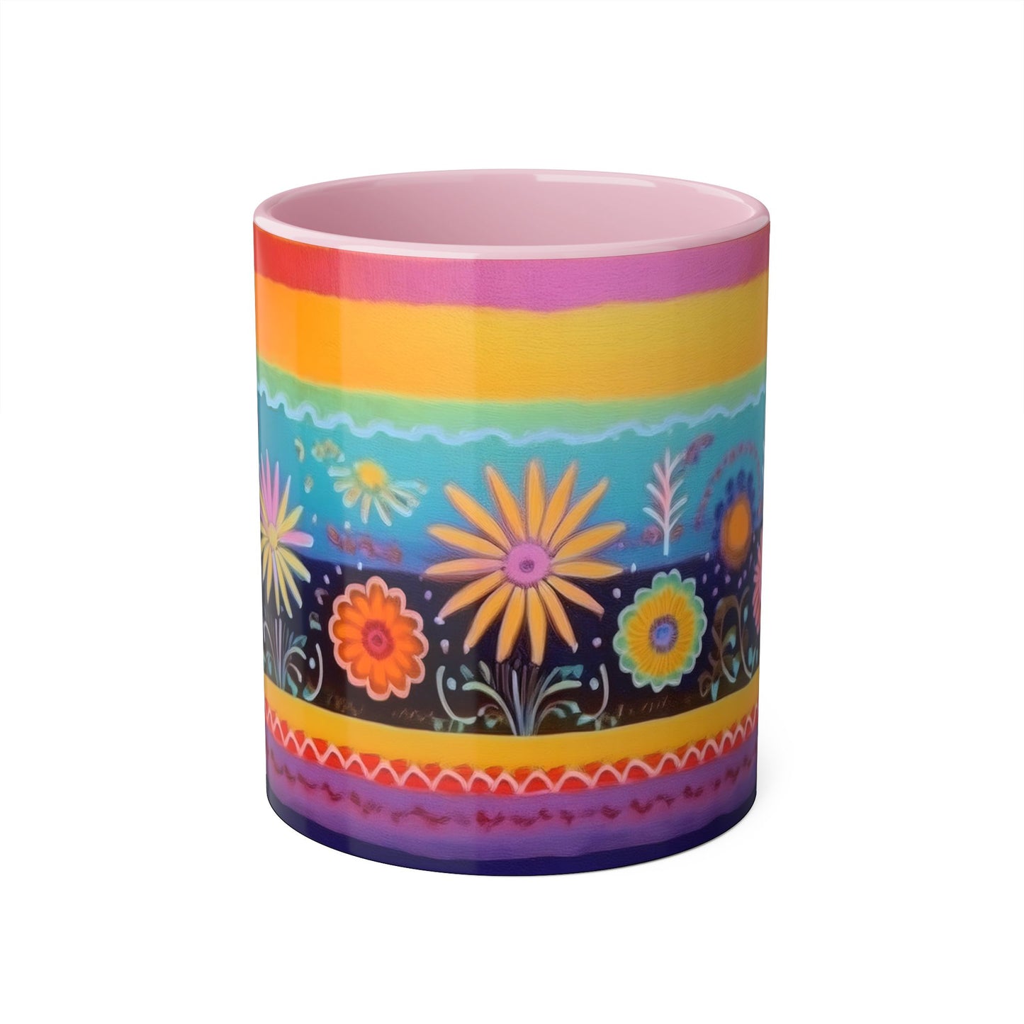 Floral Tapestry Bloom · Personalize It! With Your Name | Accent Mug (Small) (Black/Blue/Light Green/Pink/Red/Yellow).