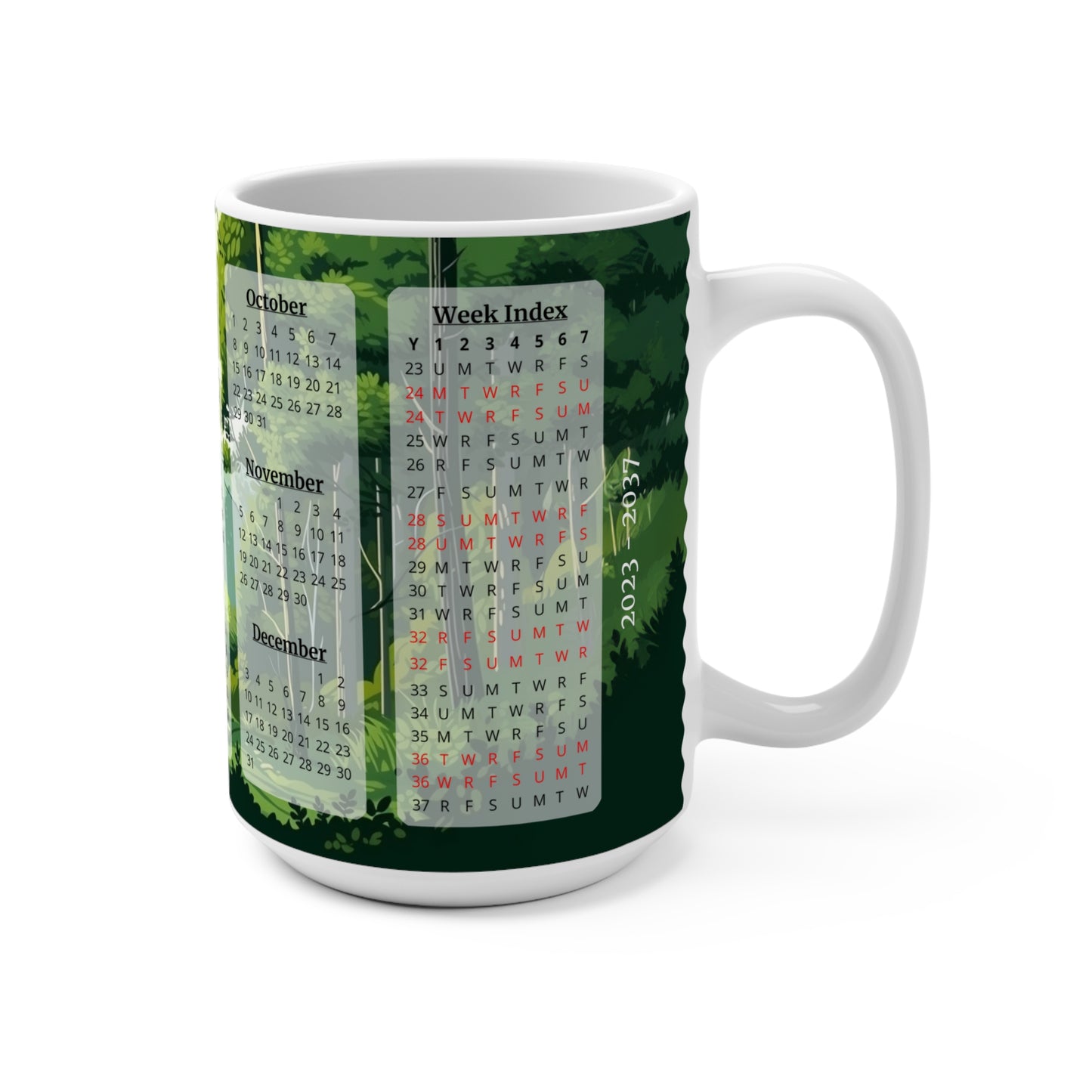 Green Forest, 15 Year Calendar 2023 to 2037, Ceramic Mug (Medium)