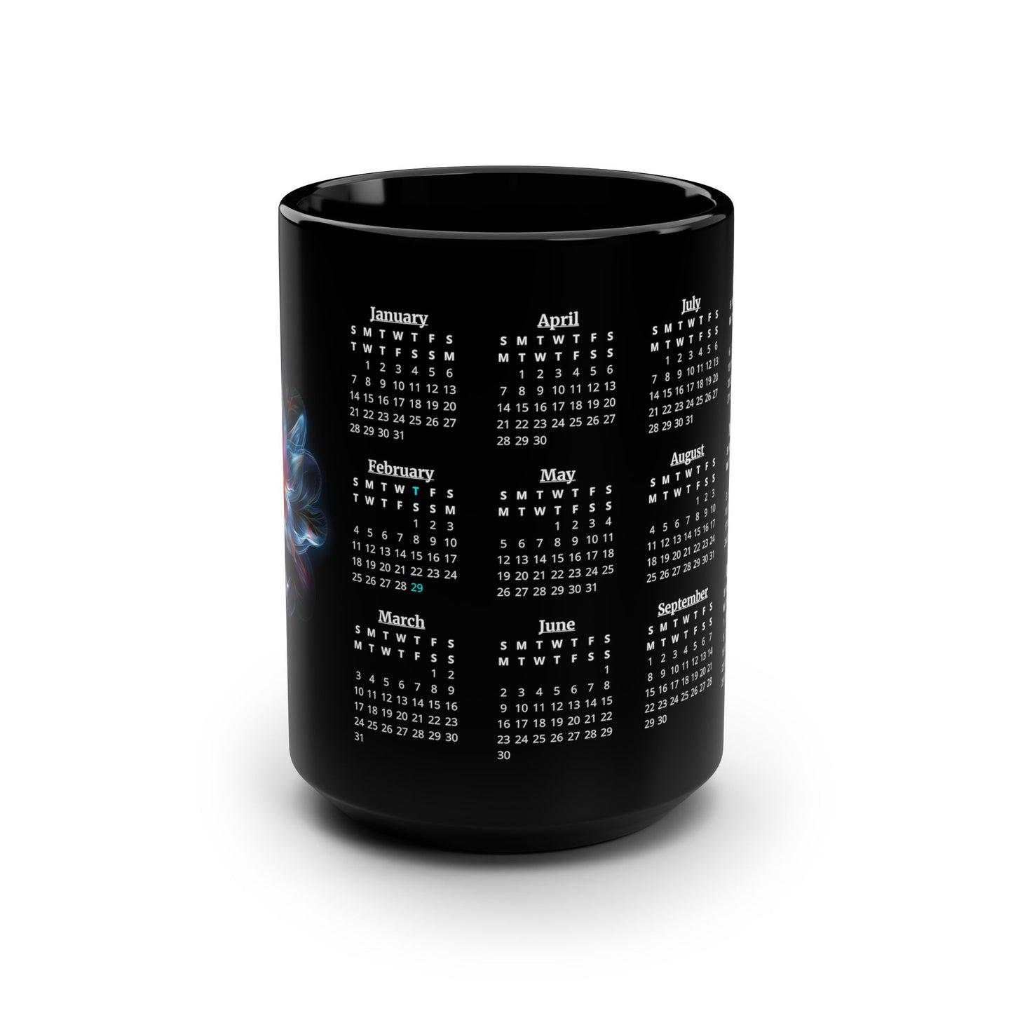 Temps Noir, 2 Year Calendar 2024 to 2025 White on Black, Black Mug (Medium)