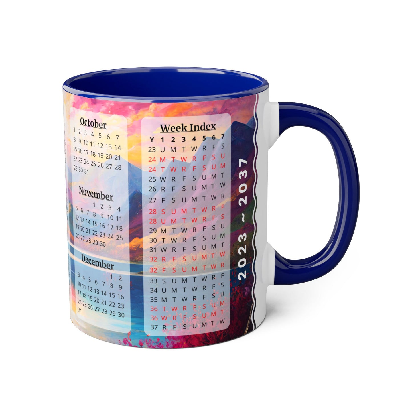 Autumn Lake · Calendar Mugs: 15-Year Calendar 2023 to 2037 | Accent Mug (Small) (Blue/Pink/Red/Yellow).