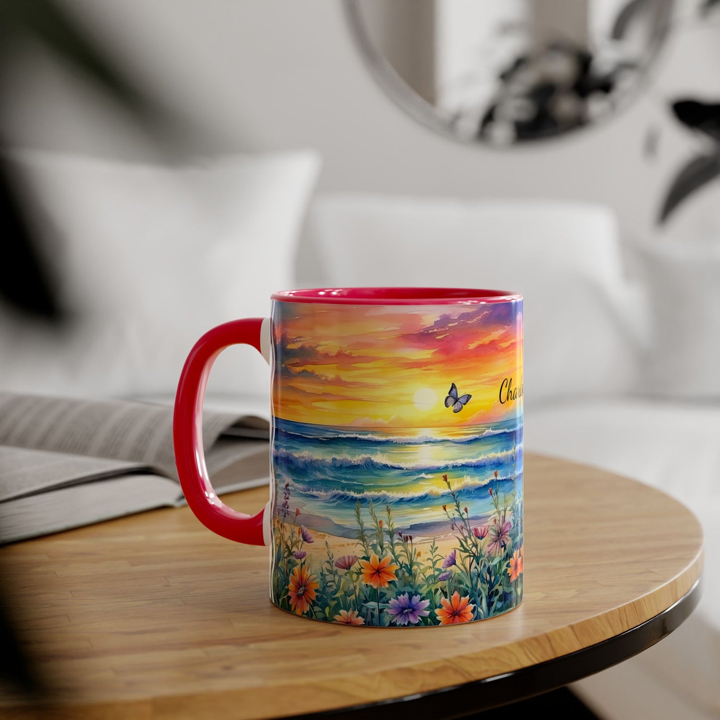 Beach Sunset and Butterflies: Personalize It! Your Name Your Font | Accent Mug (Small) (Blue/Light Green/Pink/Red/Yellow)