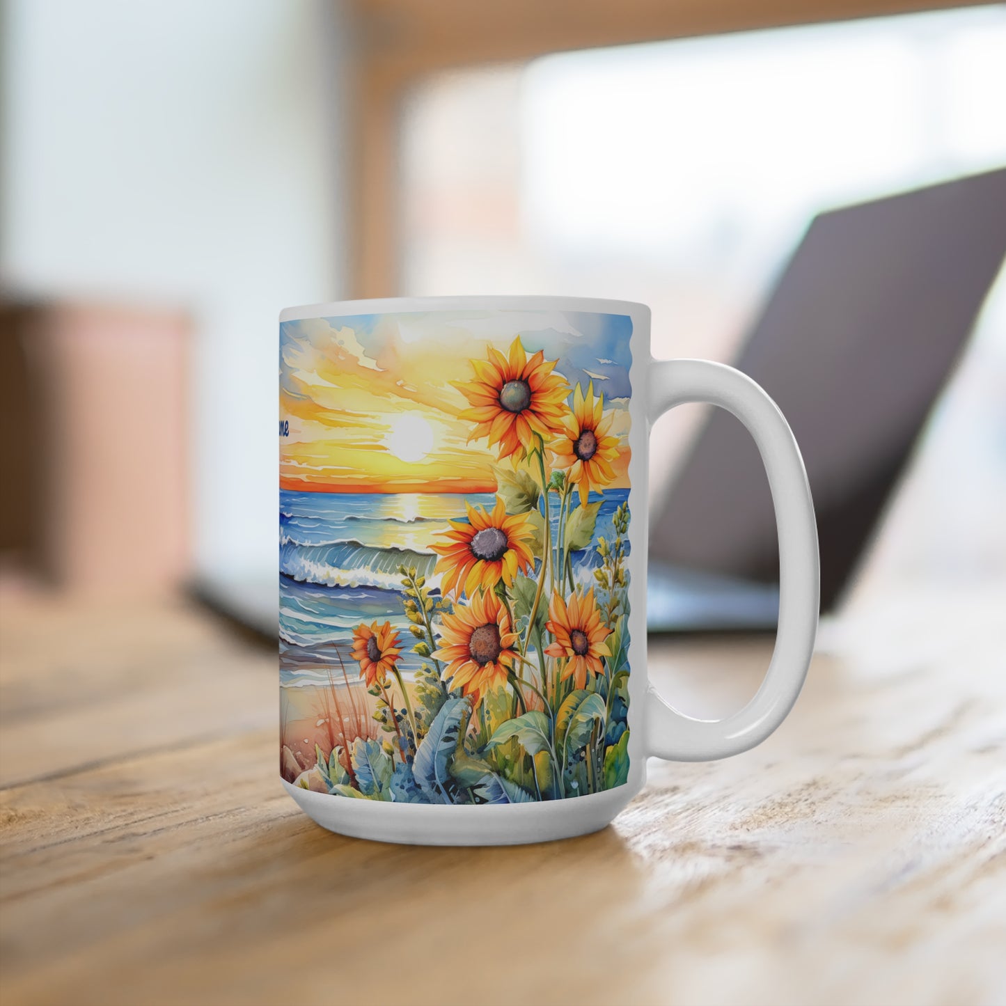 Sunset Beach Sunflowers Paradise · Personalize It! Your Name, Font and Color | Ceramic Mug (Small/Medium/Large).