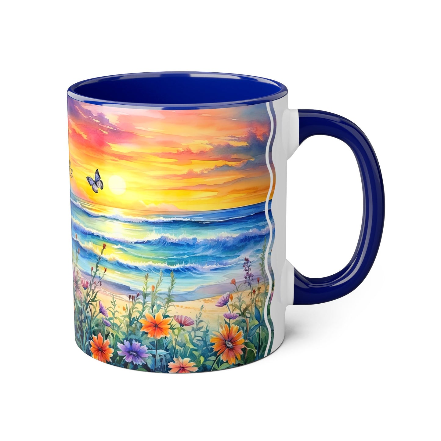 Beach Sunset and Butterflies · Personalize It! Your Name and Font | Accent Mug (Small) (Blue/Light Green/Pink/Red/Yellow).