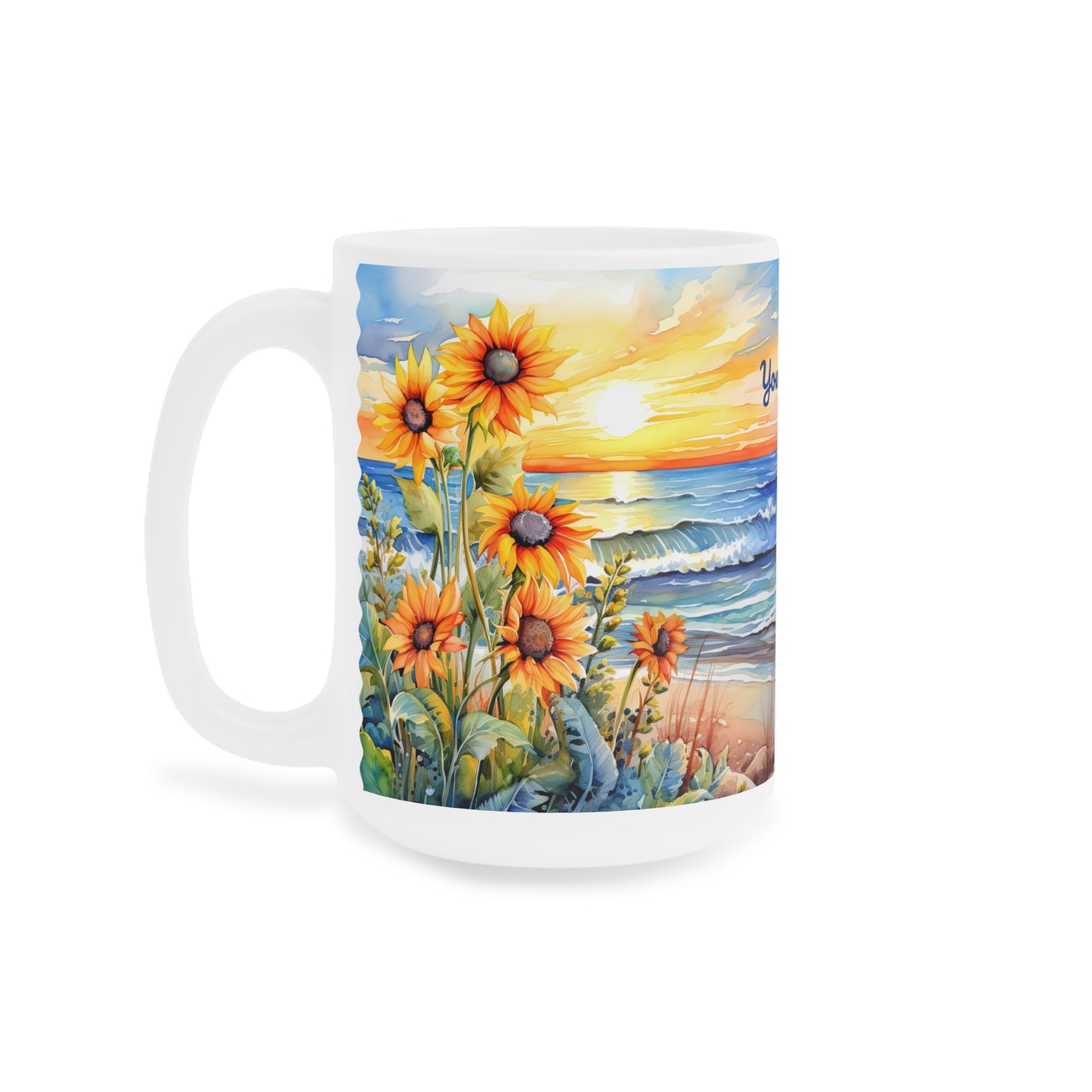 Sunset Beach Sunflowers Paradise · Personalize It! Your Name, Font and Color | Ceramic Mug (Small/Medium/Large).