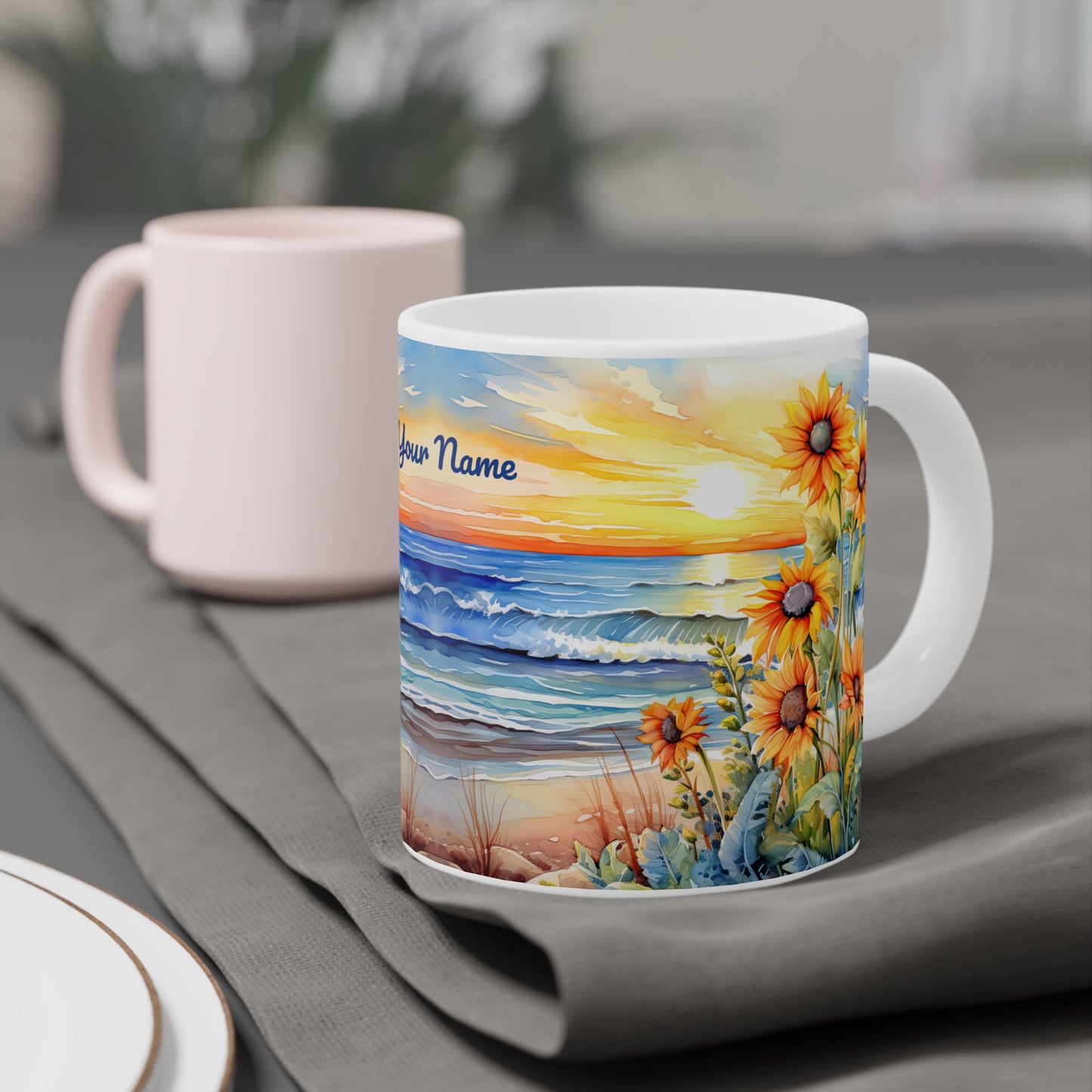 Sunset Beach Sunflowers Paradise · Personalize It! Your Name, Font and Color | Ceramic Mug (Small/Medium/Large).